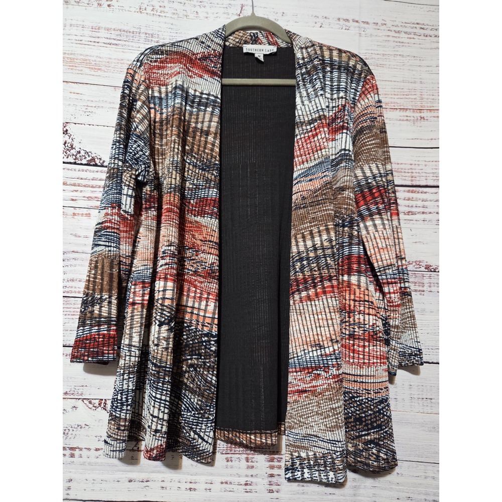 Southern Lady Womens Multi Color Abstract Ribbed Open Front Cardigan Size M